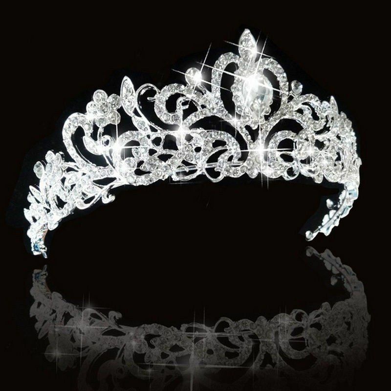 Bridal Princess Austrian Crystal Tiara Wedding Crown Veil Hair Accessory Silver