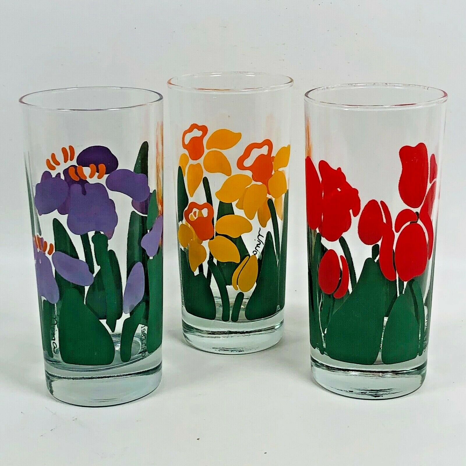 Tumblers: Anchor Hocking Chd 1983 Nina Flowers Tulip Daffodil Iris Bluebell 3-pc