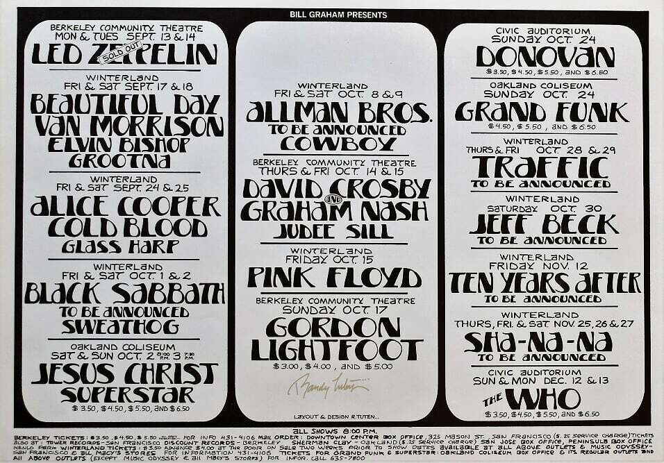 Led Zeppelin Concert Poster Randy Tuten Signed San Francisco 1971
