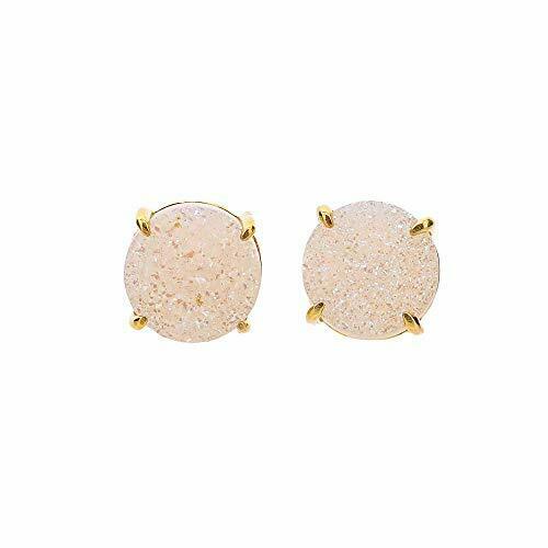 White Druzy Stud Earring  Drusy Quartz Gemstone  Prong Set  Gold  8mm  Women S J