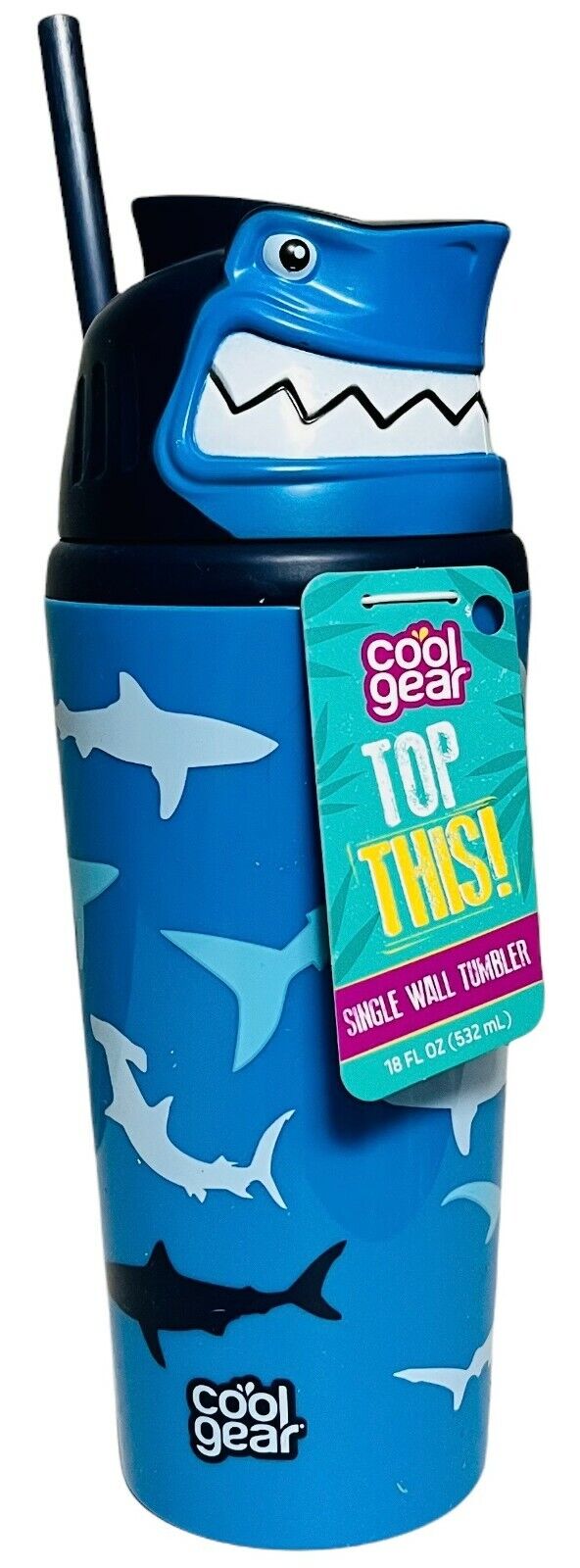 Cool Gear Blue Shark Tumbler W/ No Fall-out Straw - 18oz Bpa Free Single-wall