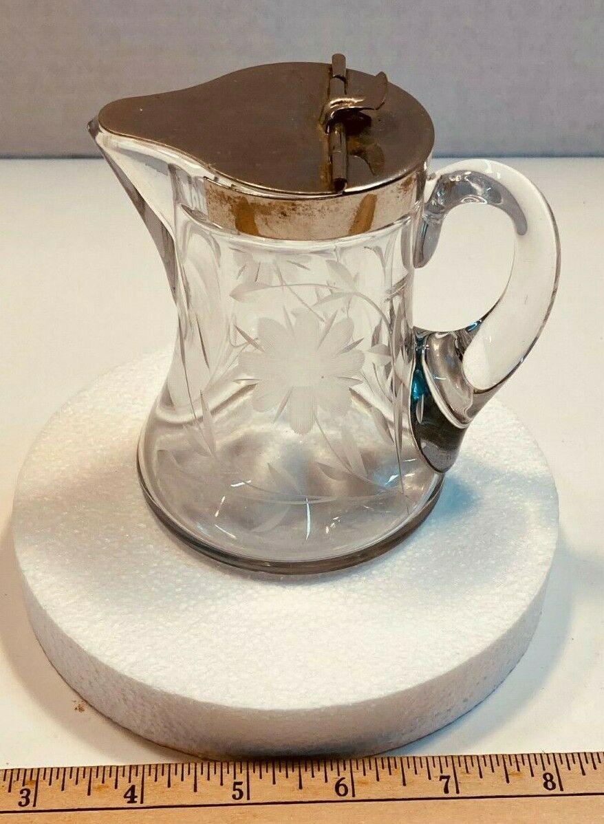 Vintage Etched Glass Syrup Jar W/ Hinged Metal Lid