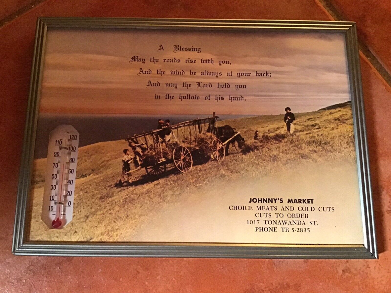 Vtg 1966 Advertising Thermometer Blessing Hayfield Johnny’s Market In Good Condi