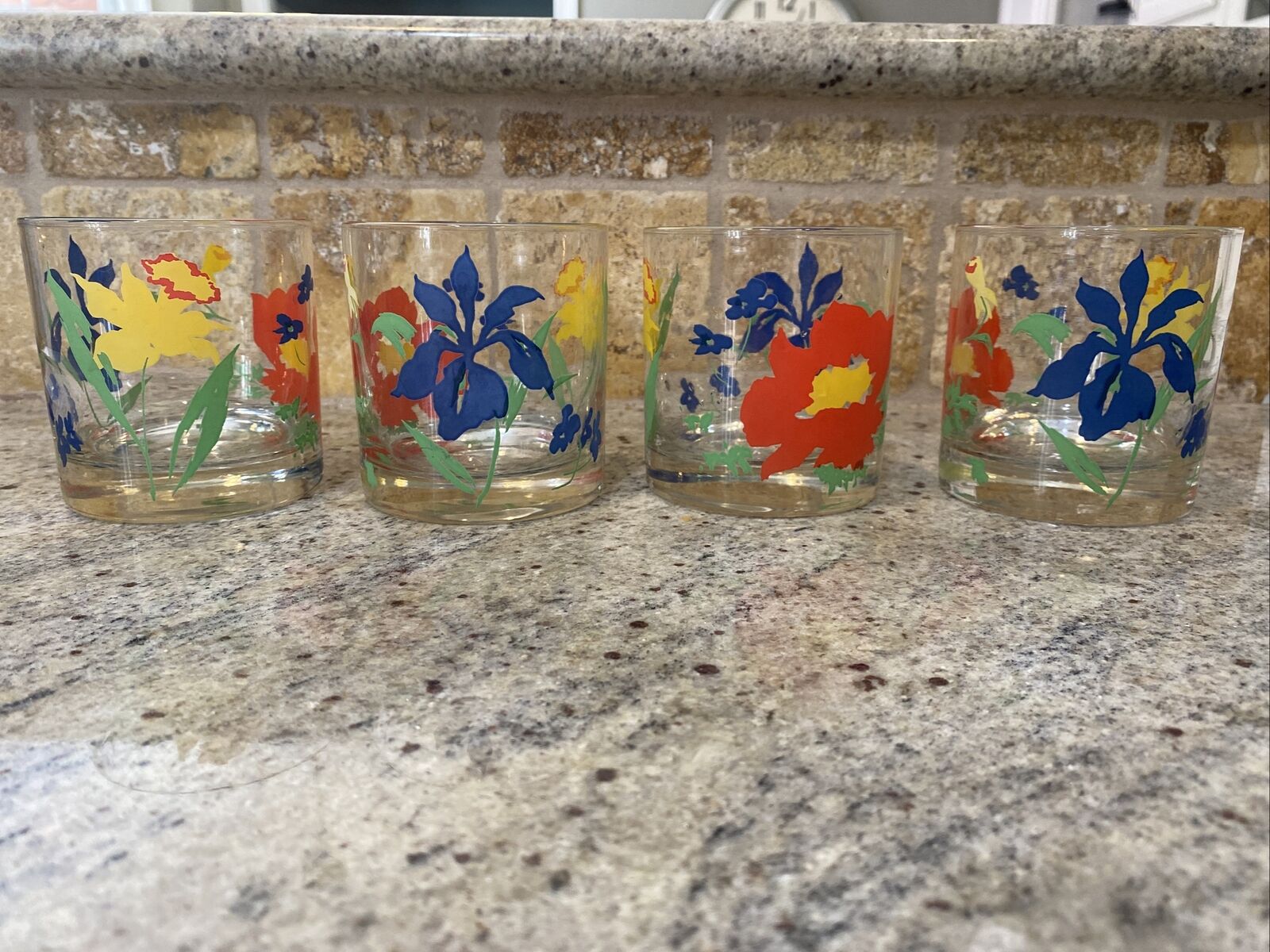 Vintage Floral Lowball Tumbler Drinking Glass Set- 4 Heavy Bottom, 3.25”x3.5”