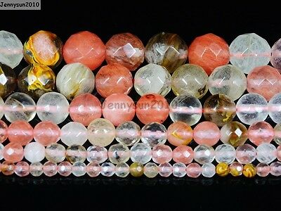 Natural Volcano Watermelon Quartz Gemstone Faceted Round Beads 15.5'' 4~12mm