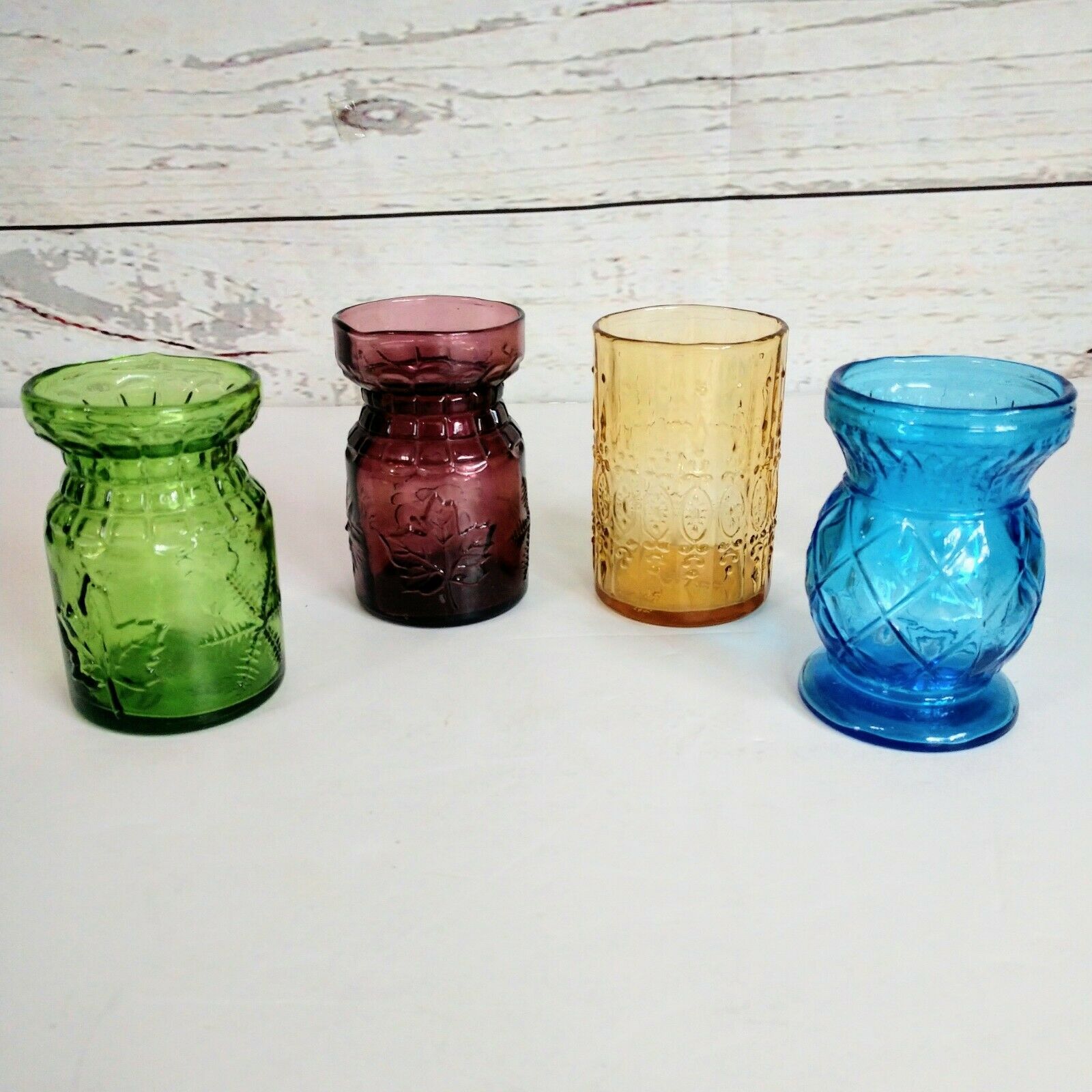 4 Vtg. Wheaton Glass Toothpick Holders Blue, Green, Cranberry, Amber Approx. 3"