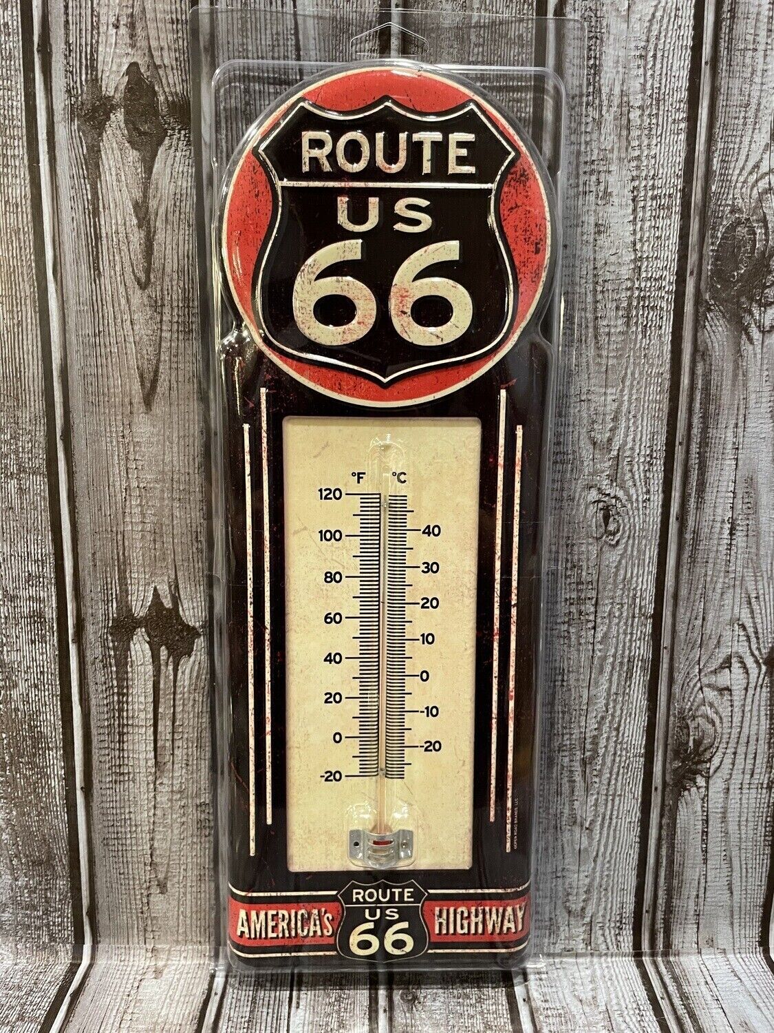 Route 66 Metal Embossed Wall Thermometer 15"x 5"