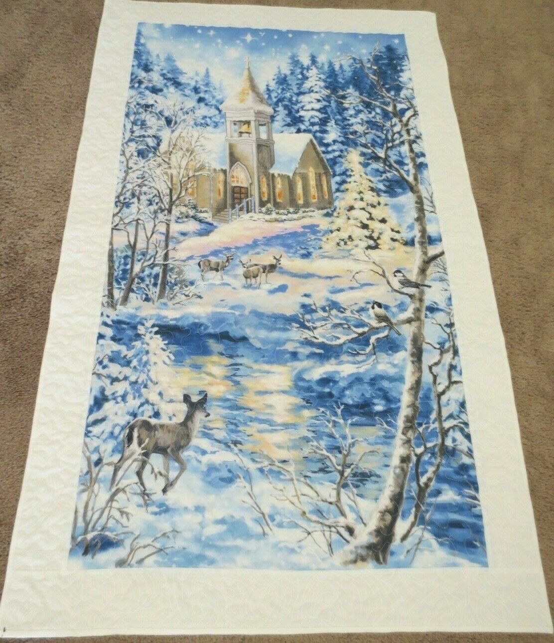 Hand Made Quilted Wall Hanging~church & Deer ~27 1/2" X 46"~ 100% Cotton