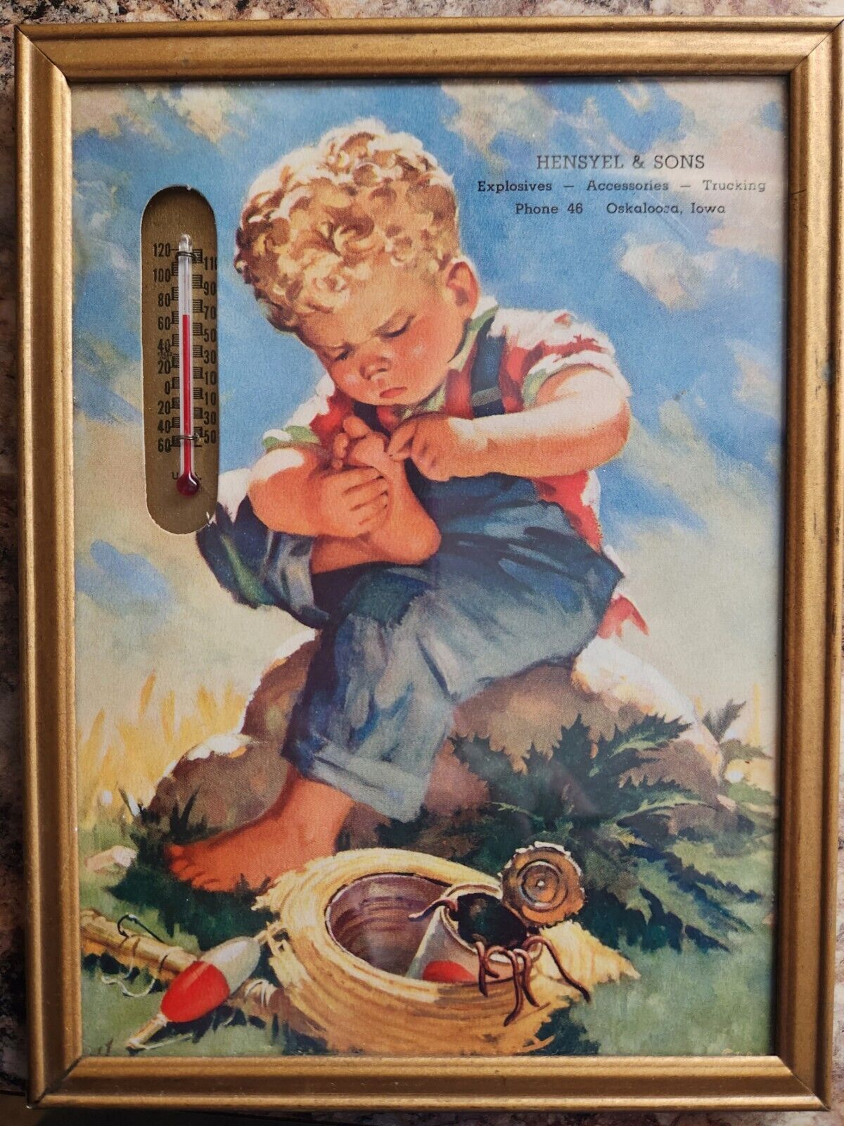 1949 Vintage Thermometer Advertising Framed Picture Hensyel & Sons Oskaloosa Ia