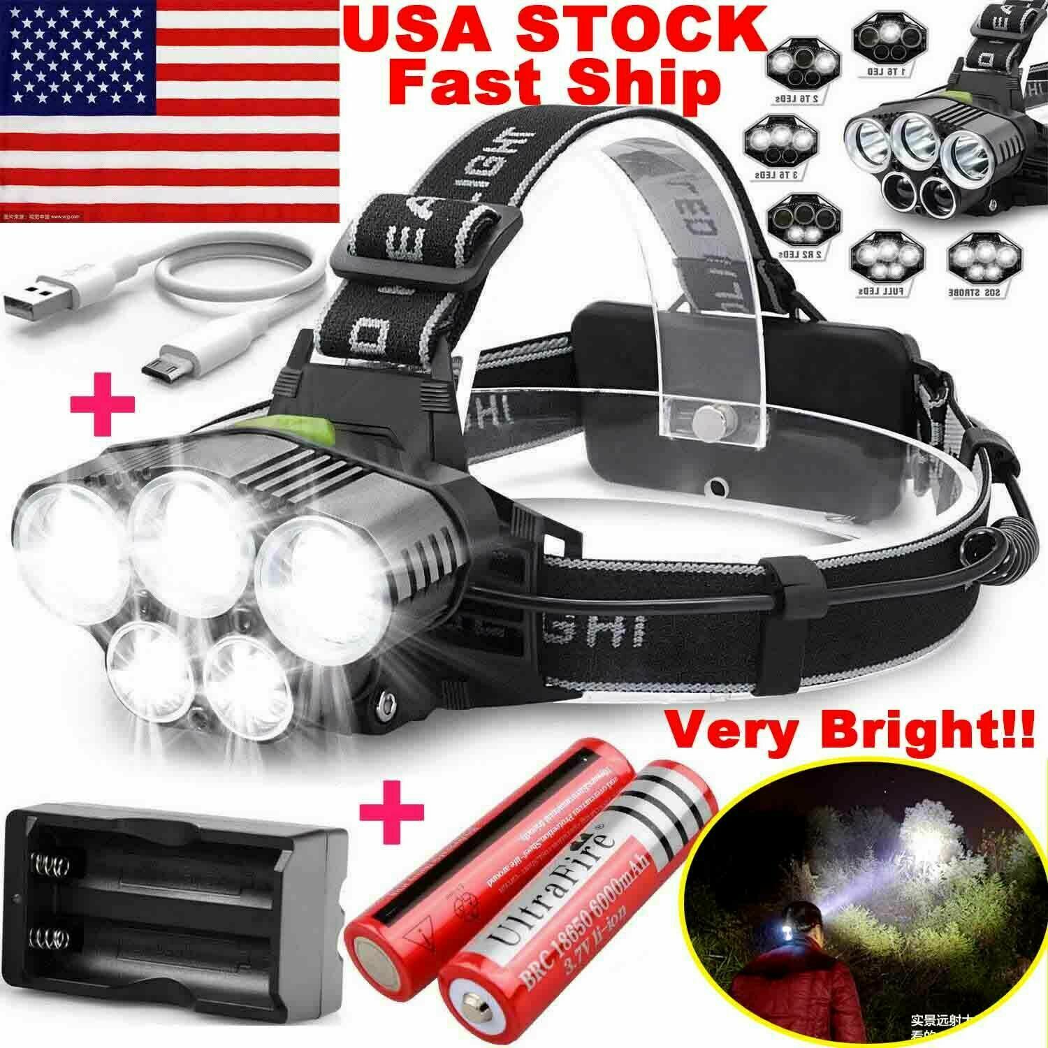750000lm 5x T6 Led Headlamp Rechargeable Head Light Flashlight Torch Lamp Usa