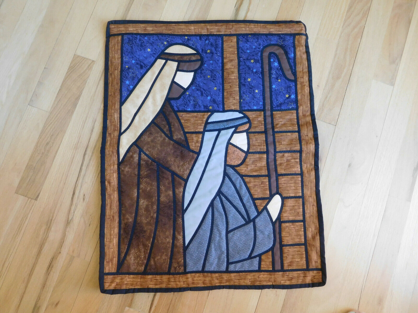 Christmas Stain Glass Fabric Finished Wall Quilt Nativity 2 Shepherds 21x26"