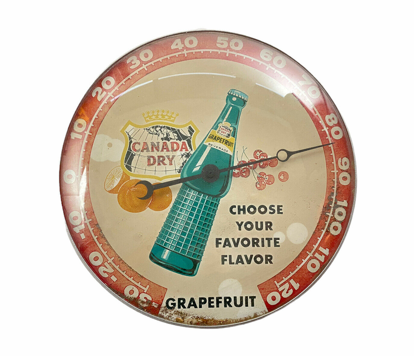 1959 Canada Dry Choose Your Flavor Wall Thermometer Sign Working 12" Round