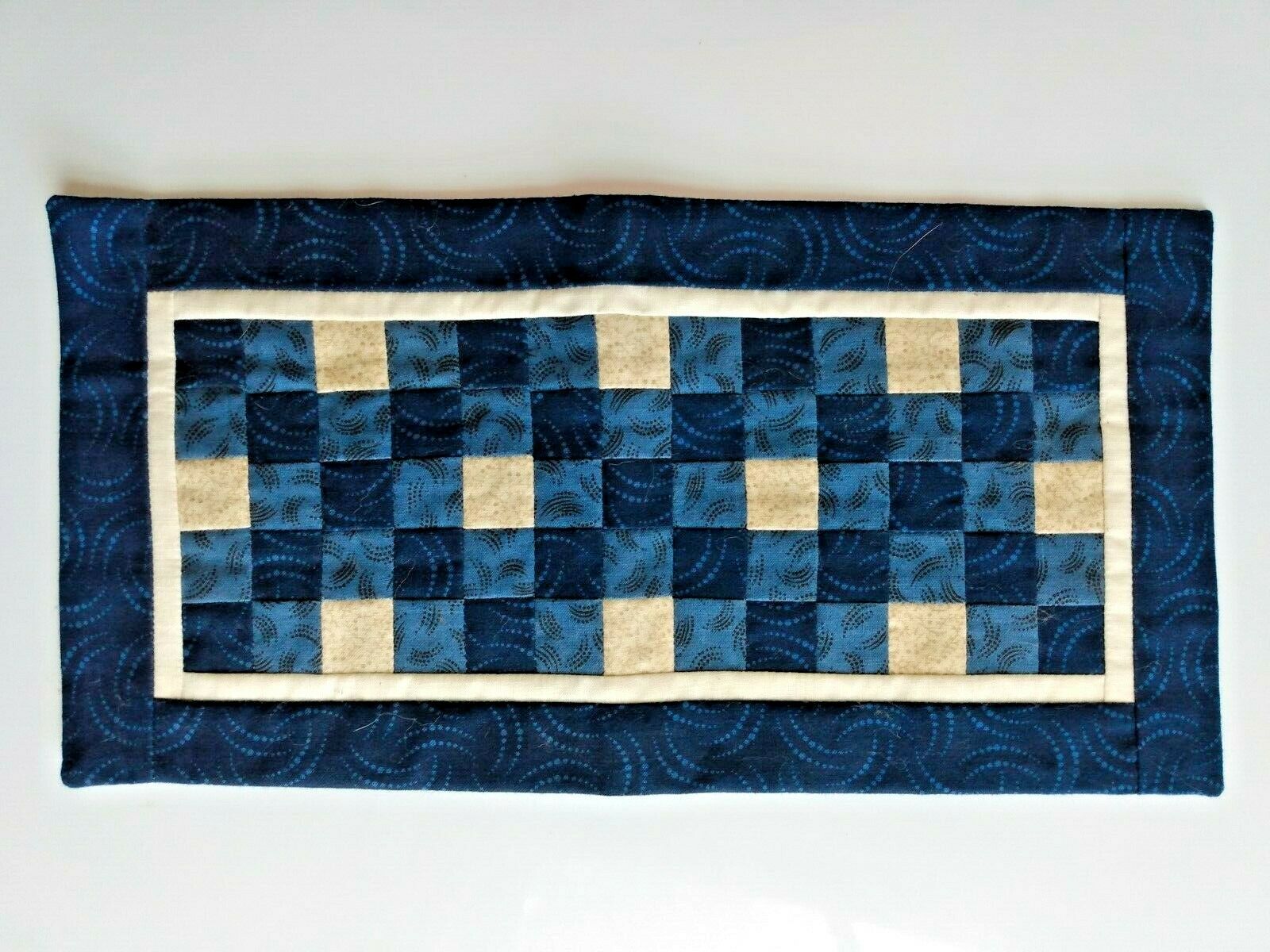 Hand Quilted Mini Doll Quilt  Signed Dated Vintage 6" X 12" Blue Navy Beige
